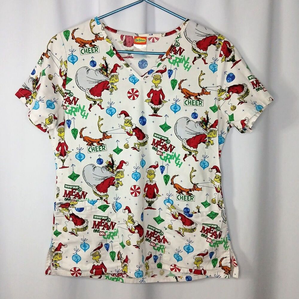Dr. Seuss Grinch V-neck Scrub Top Christmas Holiday Cotton Short Slv Womens Smll